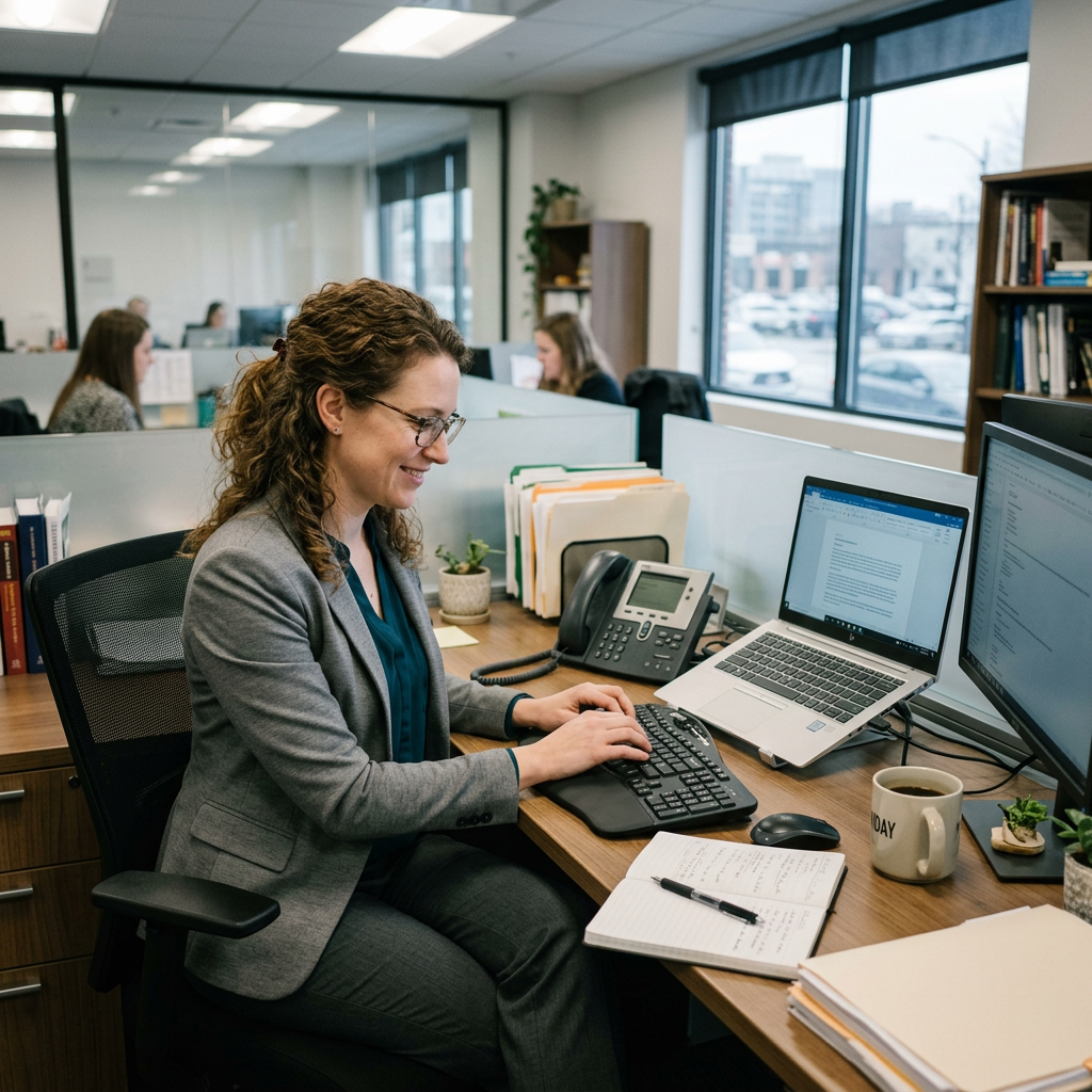 Woman in business attire typing on a keyboard at her office desk with computer screens